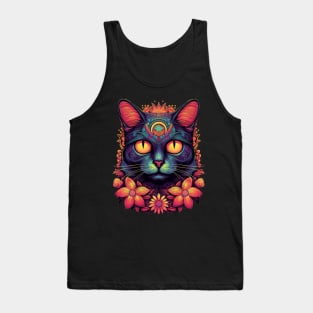 Colorful Abstract Cat and Flowers Design Tank Top